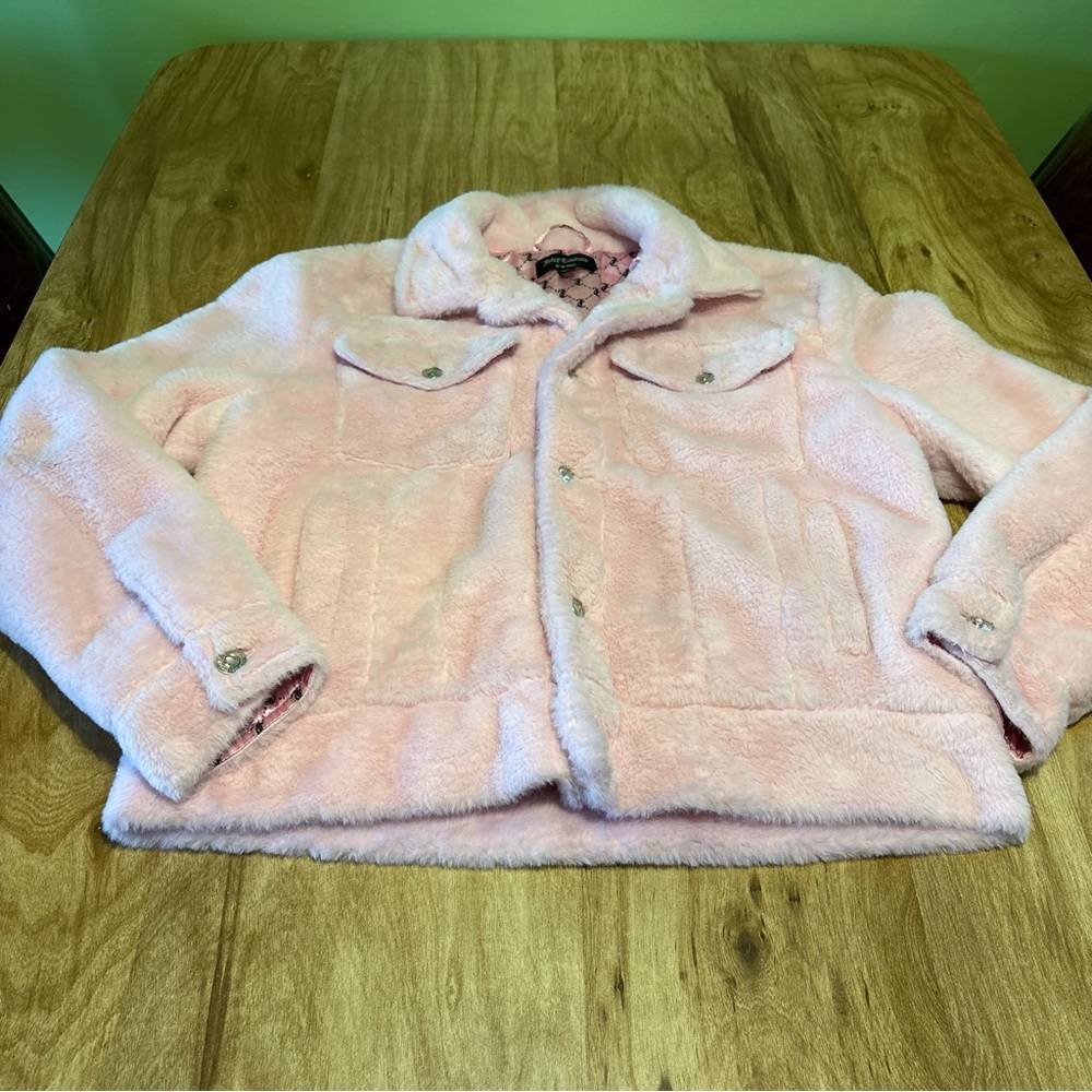 Juicy Couture LA Pink Faux Fur Poly Lined Button Up Jacket Womens Size Medium